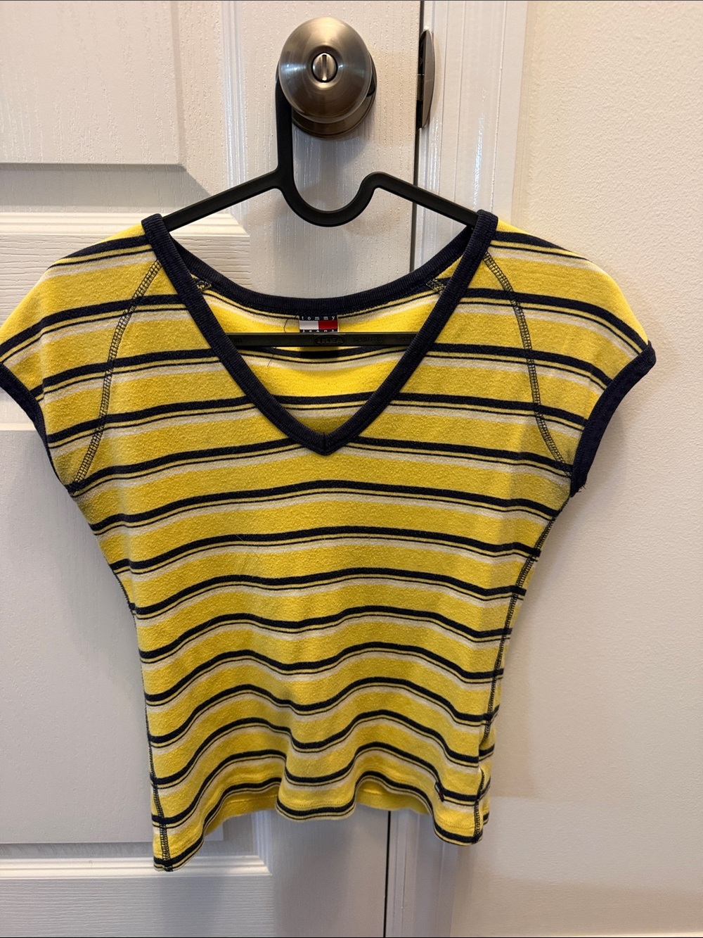 Vintage Tommy Hilfiger Yellow & Navy Striped V-Neck Short Sleeve Top